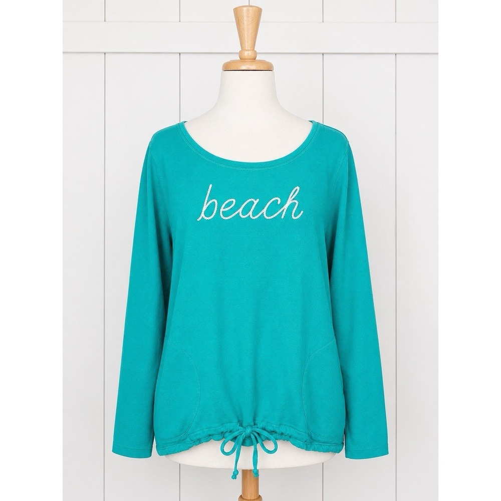 Belle Beach Kim Gravel French Terry Seaside Drawstring Sweatshirt 2X Teal Pocket